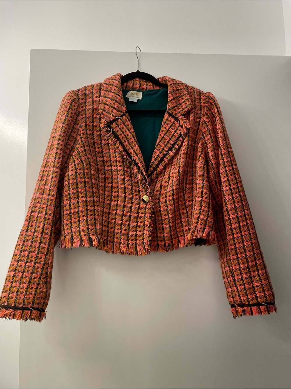 Maeve Cropped Tweed Fringe Blazer in Pink and Orange